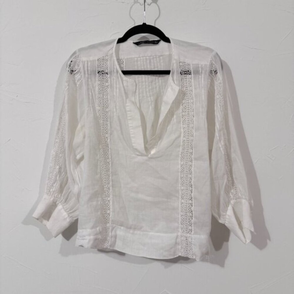 ZARA White Embroidered Boho Blouse Top Size L Peasant Tunic Long Sleeve